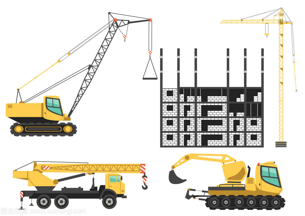 建筑起重機和工程施工現(xiàn)場的機械。顏色矢量圖標(biāo)集